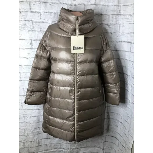 Authentic Women's HERNO Quilted Down Filled Puffer Jacket Long Size 42 Taupe - Picture 1 of 12